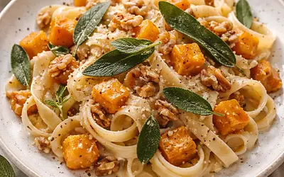 Creamy Tagliatelle with Roasted Pumpkin, Crispy Sage, and Walnuts
