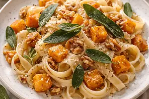 Creamy Tagliatelle with Roasted Pumpkin, Crispy Sage, and Walnuts