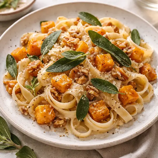Creamy Tagliatelle with Roasted Pumpkin, Crispy Sage, and Walnuts