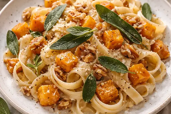 Kremowe Tagliatelle z Pieczoną Dynią, Chrupiącą Szałwią i Orzechami Włoskimi