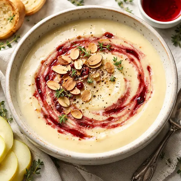 Creamy Parsnip and Pear Soup with Toasted Almonds and Cranberry Oil
