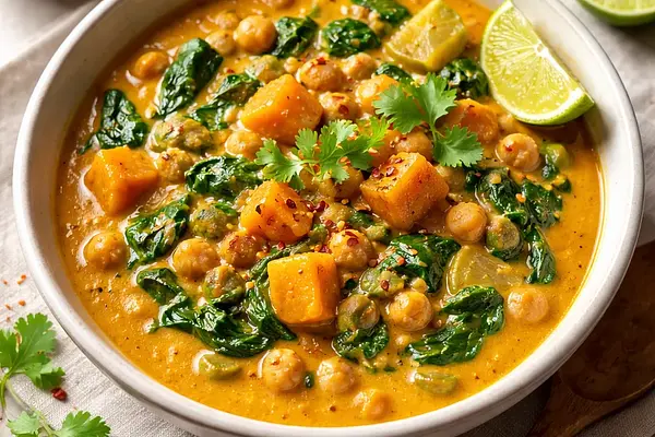 Kremowe Curry z Dynią, Ciecierzycą i Szpinakiem (Kaddoo Chana Palak Masala)