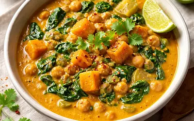 Creamy Pumpkin Curry with Chickpeas and Spinach (Kaddoo Chana Palak Masala)