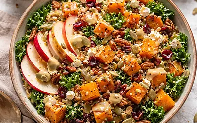 Autumn Salad with Roasted Butternut Squash, Quinoa, and Maple-Tahini Dressing