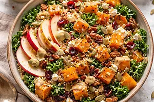 Autumn Salad with Roasted Butternut Squash, Quinoa, and Maple-Tahini Dressing