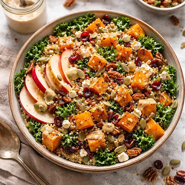 Autumn Salad with Roasted Butternut Squash, Quinoa, and Maple-Tahini Dressing