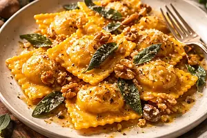 Autumn Ravioli with Pumpkin in Butter-Sage Sauce with Walnuts