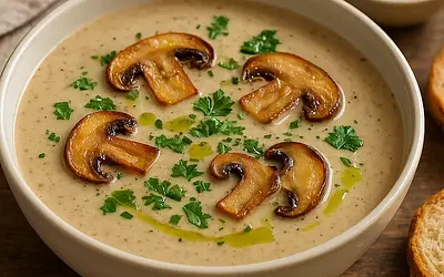 Creamy porcini mushroom soup with parsley chips and truffle oil