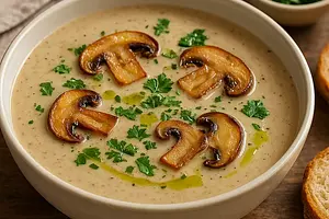 Creamy porcini mushroom soup with parsley chips and truffle oil