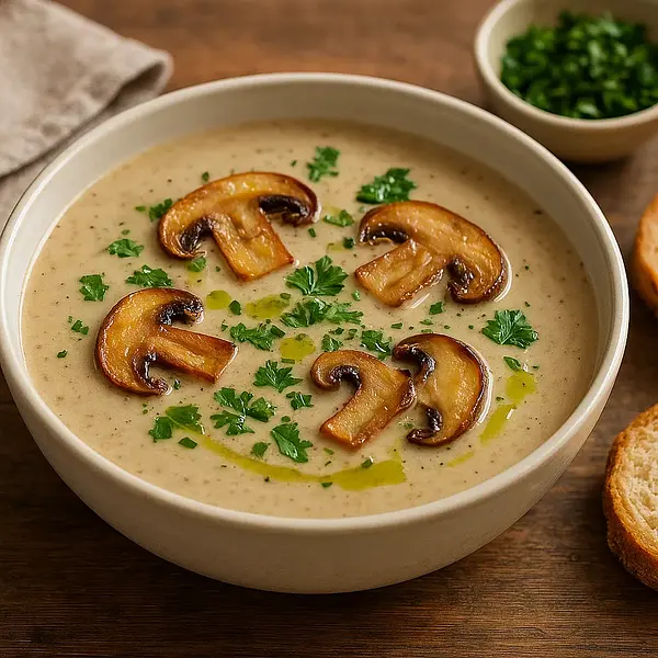 Creamy porcini mushroom soup with parsley chips and truffle oil