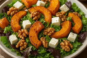 Autumn salad with roasted pumpkin, feta cheese, and walnuts