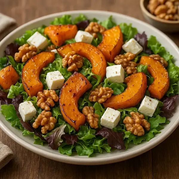 Autumn salad with roasted pumpkin, feta cheese, and walnuts