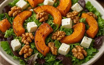 Autumn salad with roasted pumpkin, feta cheese, and walnuts