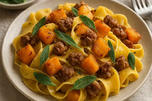 Pappardelle z Pieczoną Dynią, Szałwią i Kiełbasą Salsiccia