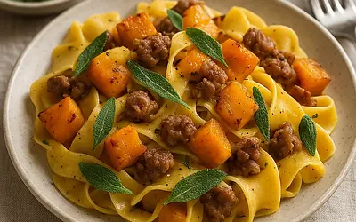Pappardelle z Pieczoną Dynią, Szałwią i Kiełbasą Salsiccia