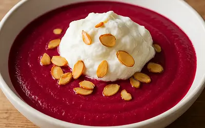 Velvety roasted beetroot cream with horseradish cloud and toasted almonds