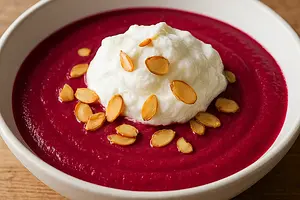 Aksamitny krem z pieczonych buraków z chrzanową chmurką i prażonymi migdałami