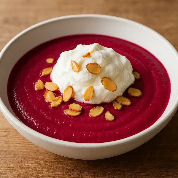 Velvety roasted beetroot cream with horseradish cloud and toasted almonds