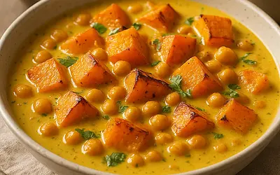 Kremowe Curry z Pieczoną Dynią i Ciecierzycą