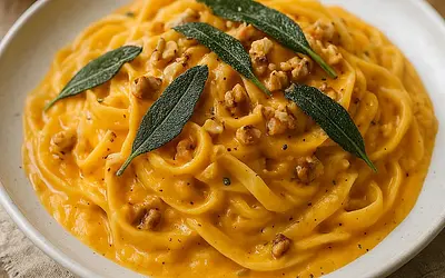 Tagliatelle z kremowym sosem z pieczonej dyni piżmowej, chrupiącą szałwią i orzechami włoskimi