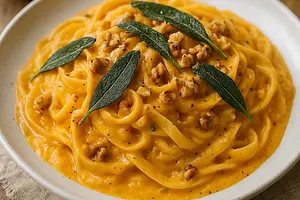 Tagliatelle z kremowym sosem z pieczonej dyni piżmowej, chrupiącą szałwią i orzechami włoskimi