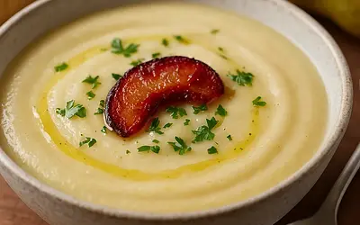 Velvety parsnip and pear cream with a hint of smoked plum