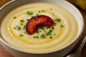 Velvety parsnip and pear cream with a hint of smoked plum