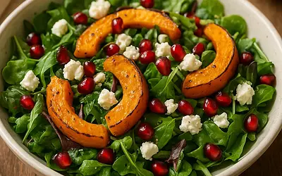 Autumn salad with roasted pumpkin, feta cheese, and pomegranate
