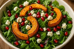 Autumn salad with roasted pumpkin, feta cheese, and pomegranate