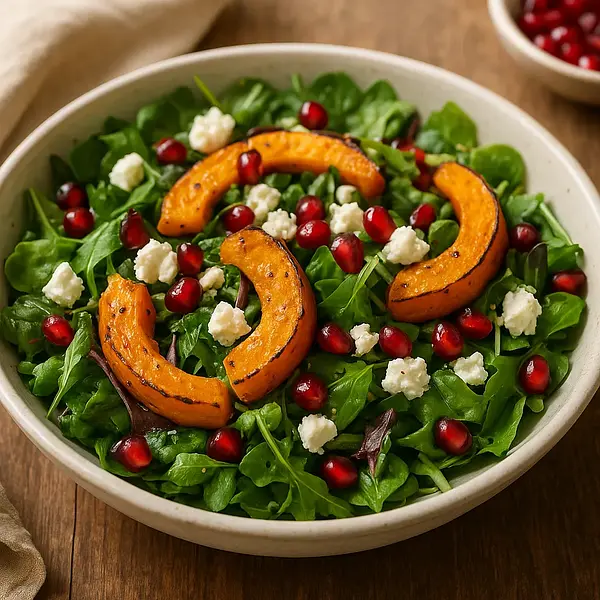 Autumn salad with roasted pumpkin, feta cheese, and pomegranate