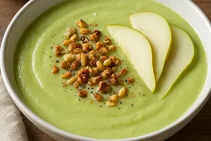 Velvety Cream of Roasted Celery with Pear and Toasted Nuts