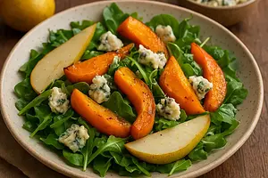 Autumn Salad with Roasted Pumpkin, Pear, and Gorgonzola Cheese