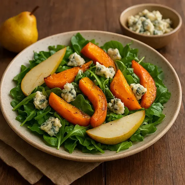 Autumn Salad with Roasted Pumpkin, Pear, and Gorgonzola Cheese