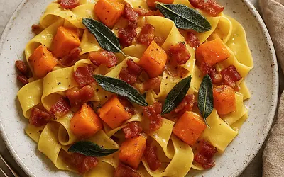 Pappardelle z pieczoną dynią piżmową, palonym masłem szałwiowym i chrupiącym pancetta