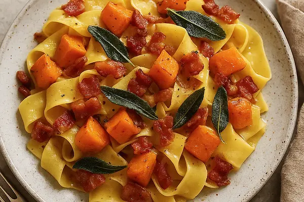 Pappardelle z pieczoną dynią piżmową, palonym masłem szałwiowym i chrupiącym pancetta