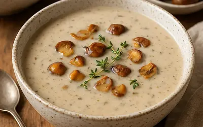 Creamy mushroom soup with chestnuts and a hint of thyme