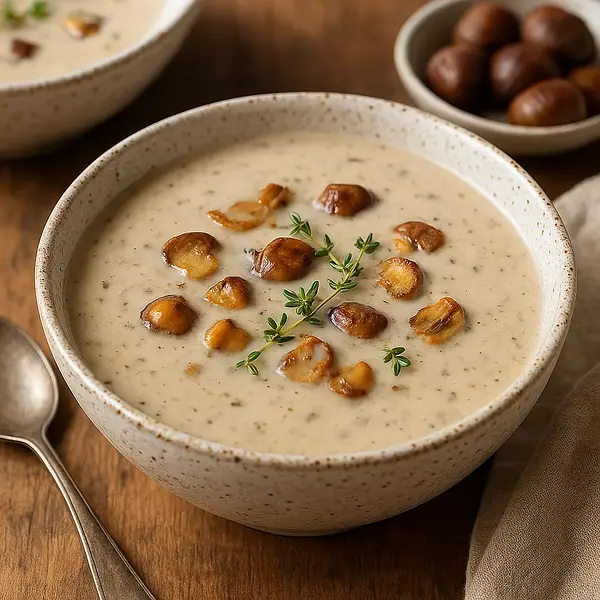 Creamy mushroom soup with chestnuts and a hint of thyme