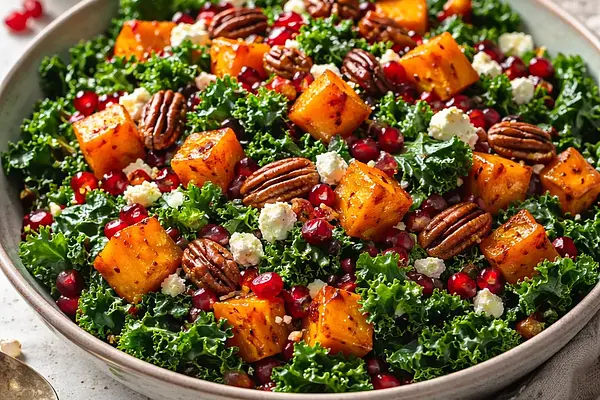 Sałatka zimowa z pieczoną dynią, granatem i jarmużem