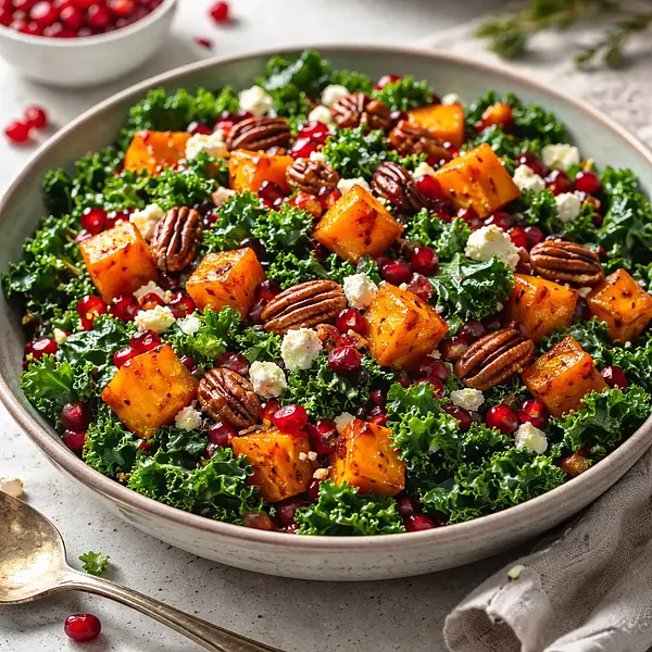 Sałatka zimowa z pieczoną dynią, granatem i jarmużem