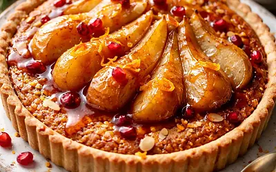 Zimowa tarta z migdałowym frangipane i karmelizowanymi gruszkami z sosem pomarańczowo-granatowym