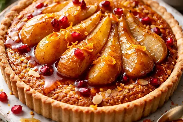 Zimowa tarta z migdałowym frangipane i karmelizowanymi gruszkami z sosem pomarańczowo-granatowym