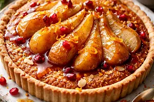 Zimowa tarta z migdałowym frangipane i karmelizowanymi gruszkami z sosem pomarańczowo-granatowym