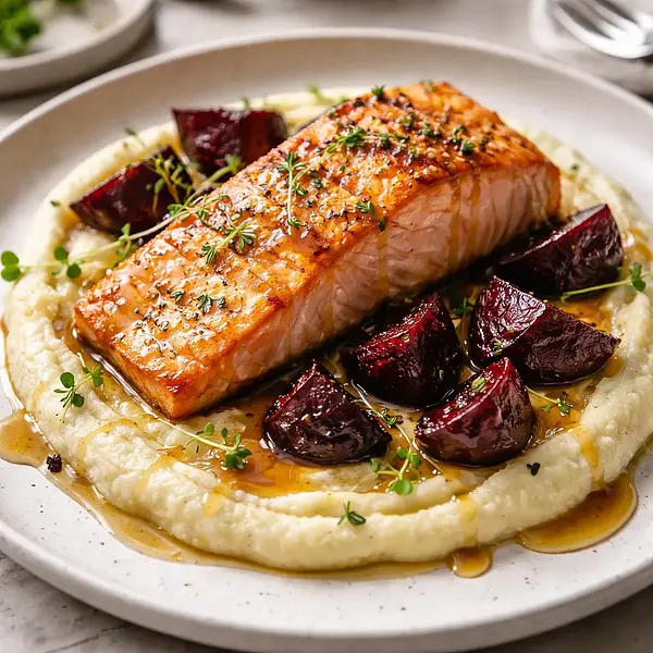 Pieczony filet z łososia na kremowym puree z selera i karmelizowanych buraków z glazurą miodowo-musztardową