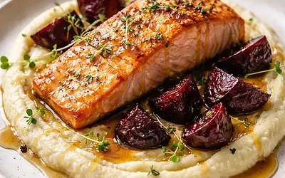 Pieczony filet z łososia na kremowym puree z selera i karmelizowanych buraków z glazurą miodowo-musztardową