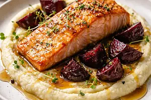 Baked salmon fillet on creamy celery puree with caramelized beets and honey-mustard glaze