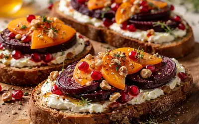 Winter Tartines with Roasted Beetroot, Creamy Goat Cheese, Persimmon, and Pomegranate