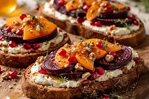 Winter Tartines with Roasted Beetroot, Creamy Goat Cheese, Persimmon, and Pomegranate