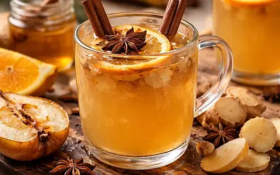 Warming winter elixir with roasted pear, orange, and ginger