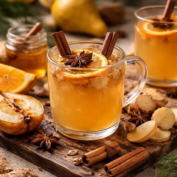 Warming winter elixir with roasted pear, orange, and ginger