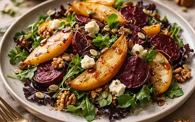Autumn Salad with Roasted Beets, Caramelized Pear, and Goat Cheese